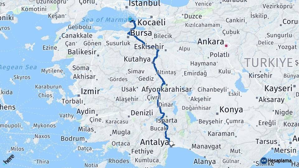 Yalova Çınarcık Antalya Arası Kaç Km - Yol Haritası