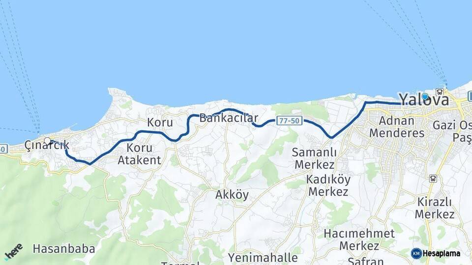 Yalova Çınarcık Arası Kaç Km - Yol Haritası