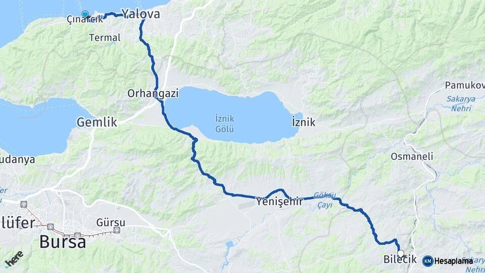 Yalova Çınarcık Bilecik Arası Kaç Km - Yol Haritası