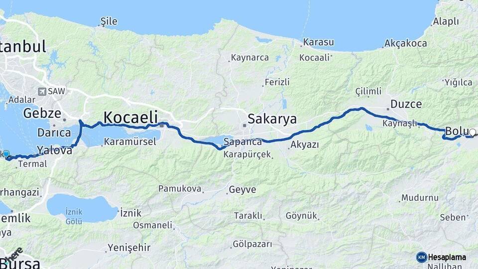 Yalova Çınarcık Bolu Arası Kaç Km - Yol Haritası