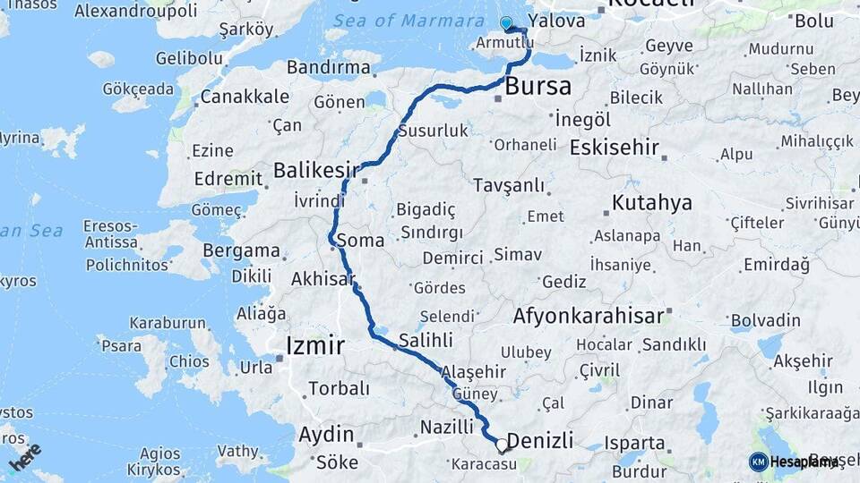 Yalova Çınarcık Denizli Arası Kaç Km - Yol Haritası