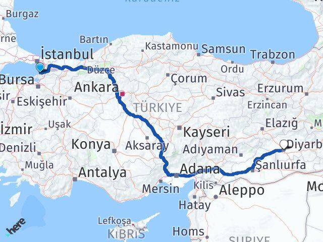 Yalova Çınarcık Diyarbakır Arası Kaç Km - Yol Haritası