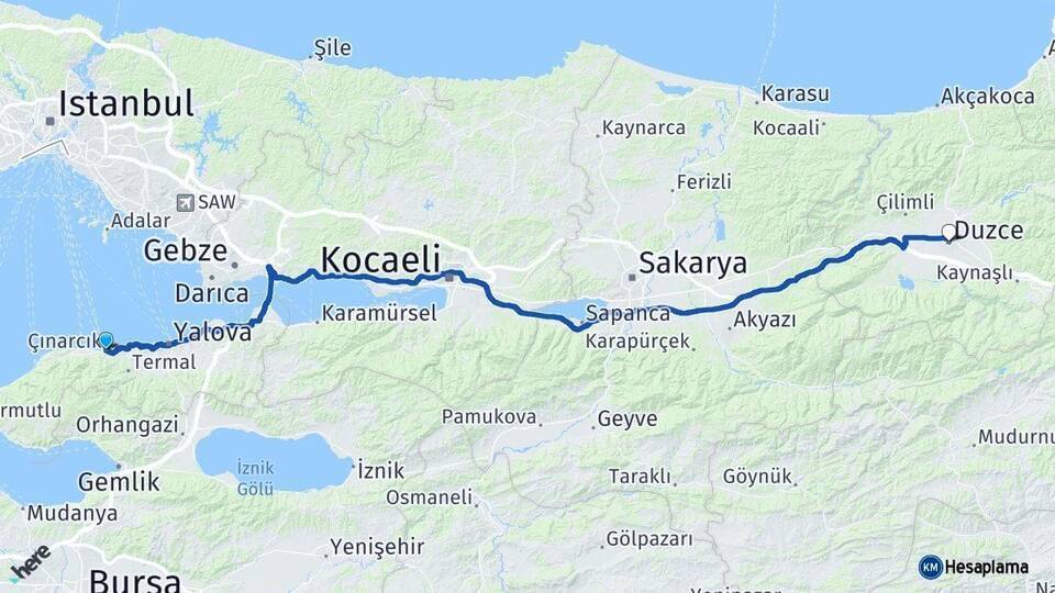 Çınarcık Düzce Arası Kaç Km - Yol Tarifi