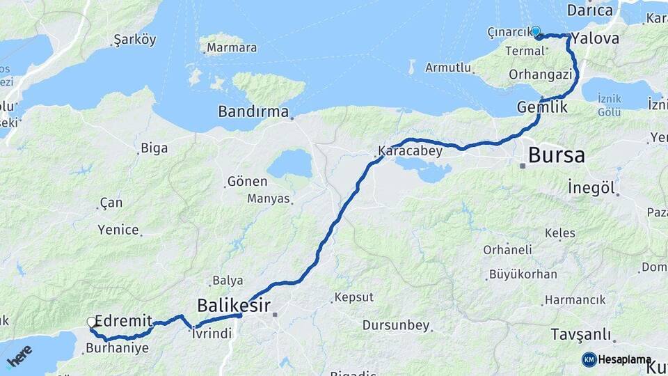 Yalova Çınarcık Edremit Balıkesir Arası Kaç Km - Yol Haritası