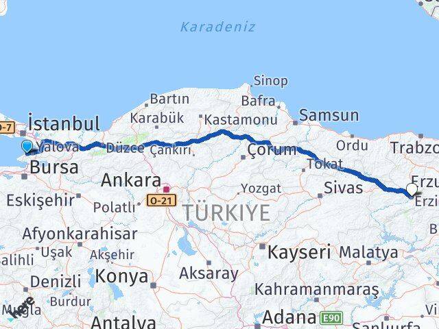 Yalova Çınarcık Erzincan Arası Kaç Km - Yol Haritası