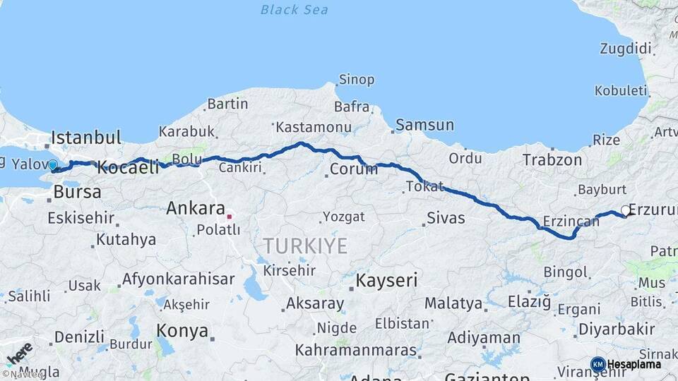 Yalova Çınarcık Erzurum Arası Kaç Km - Yol Haritası