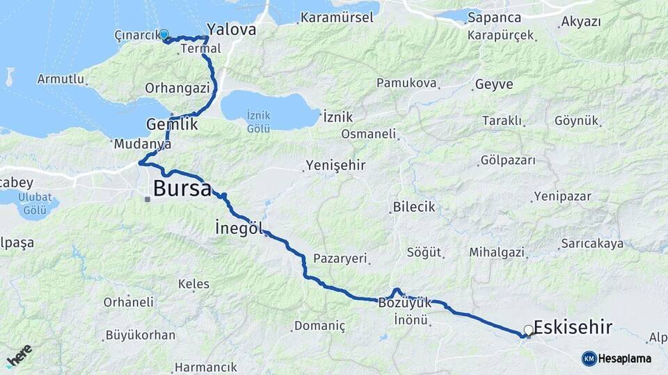 Yalova Çınarcık Eskişehir Arası Kaç Km - Yol Haritası