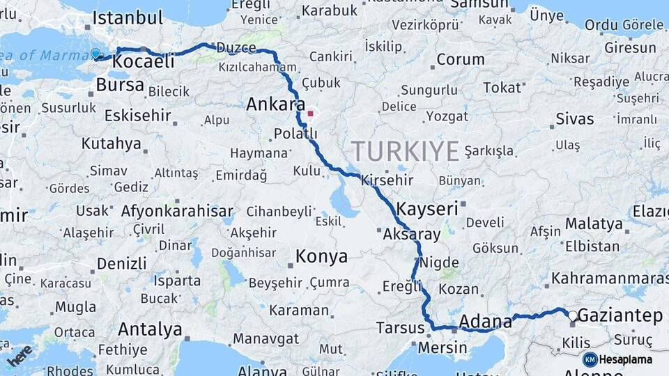 Yalova Çınarcık Gaziantep Arası Kaç Km - Yol Haritası