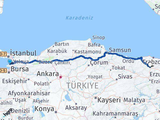 Yalova Çınarcık Gümüşhane Arası Kaç Km - Yol Haritası