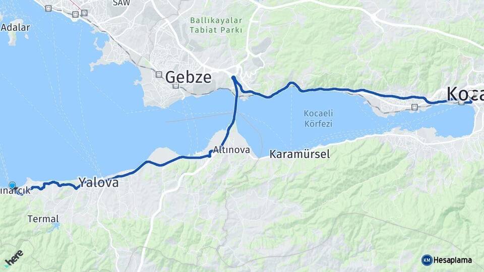 Yalova Çınarcık İzmit Kocaeli Arası Kaç Km - Yol Haritası