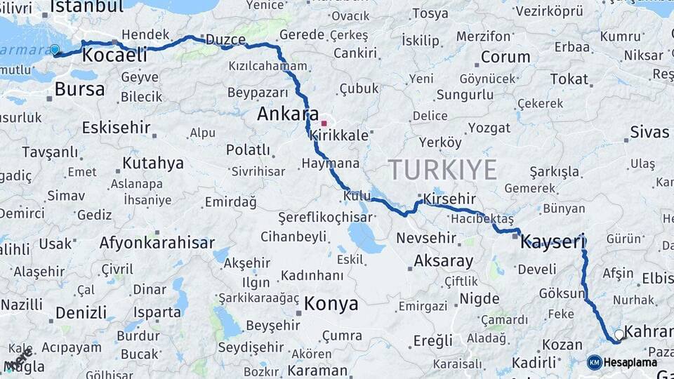 Yalova Çınarcık Kahramanmaraş Arası Kaç Km - Yol Haritası