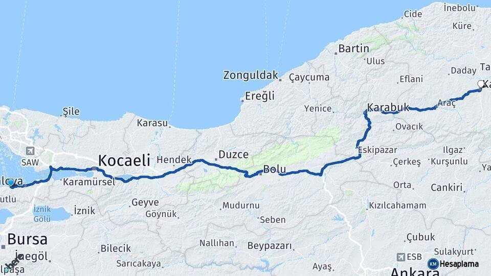 Yalova Çınarcık Kastamonu Arası Kaç Km - Yol Haritası