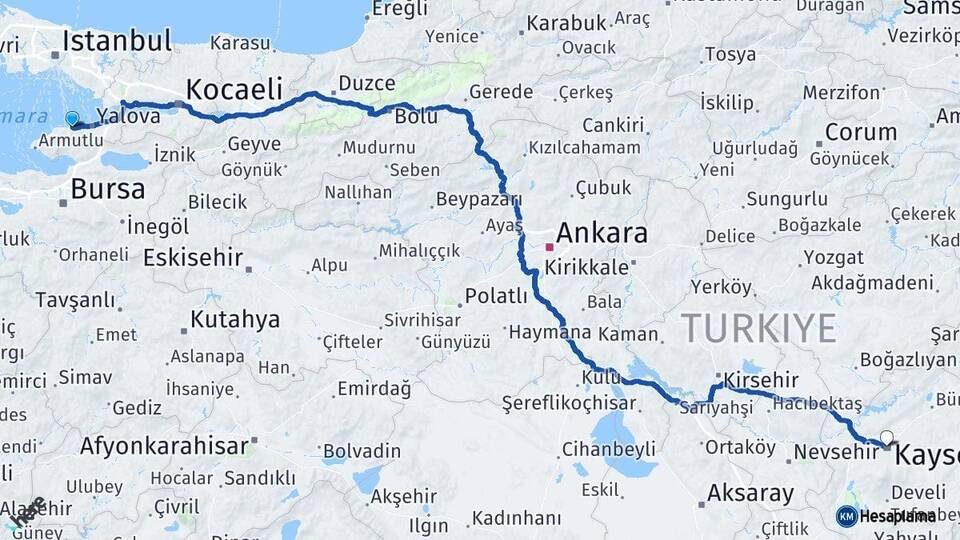 Yalova Çınarcık Kayseri Arası Kaç Km - Yol Haritası