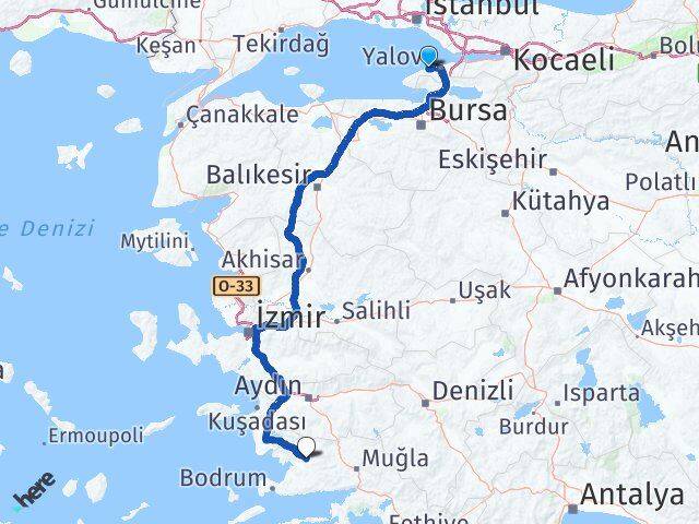 Yalova Çınarcık Milas Muğla Arası Kaç Km - Yol Haritası