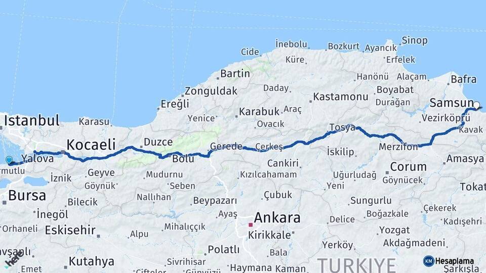 Yalova Çınarcık Samsun Arası Kaç Km - Yol Haritası
