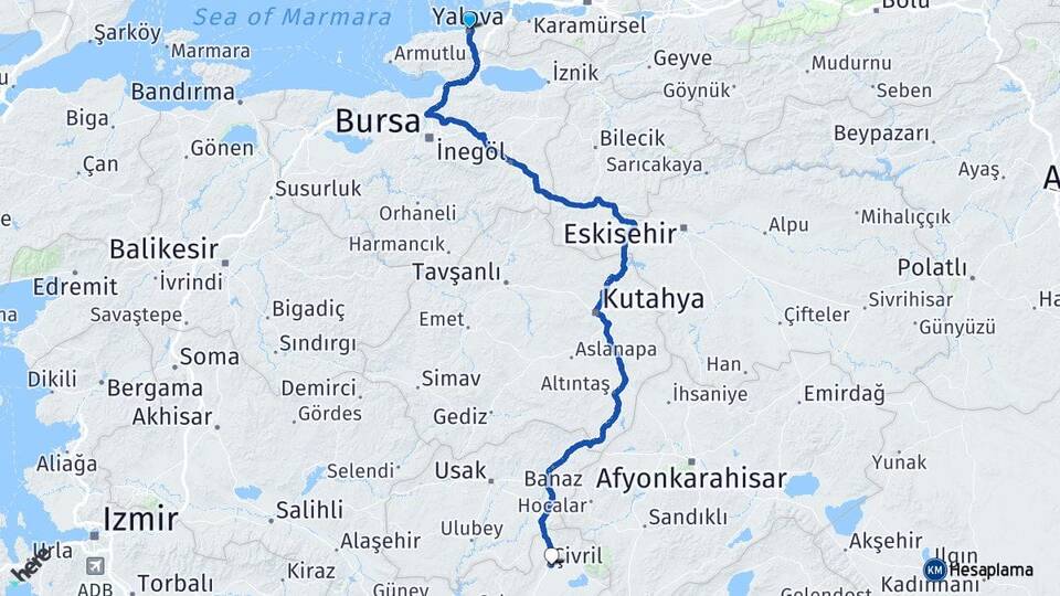 Yalova Çivril Denizli Arası Kaç Km - Yol Haritası