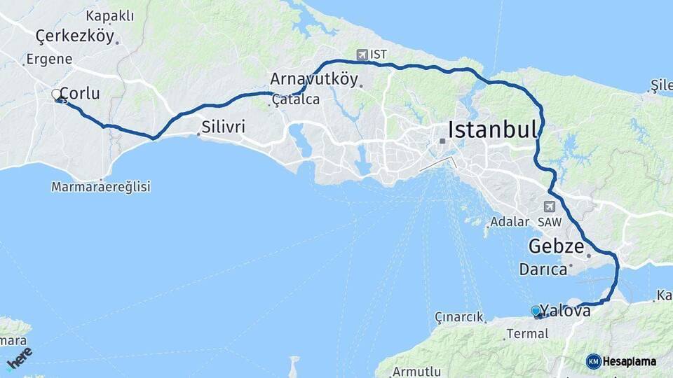 Yalova Çorlu Tekirdağ Arası Kaç Km - Yol Haritası