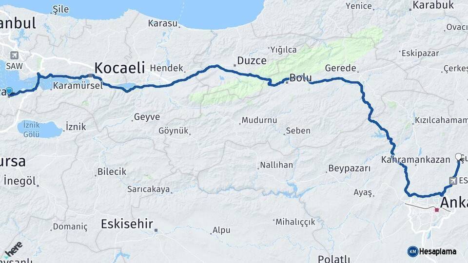 Yalova Çubuk Ankara Arası Kaç Km - Yol Haritası