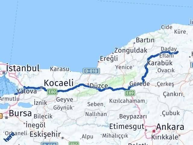 Yalova Daday Kastamonu Arası Kaç Km - Yol Haritası