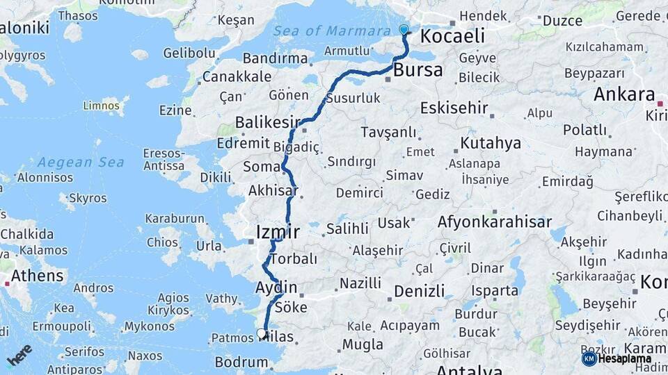 Yalova Didim Aydın Arası Kaç Km - Yol Haritası