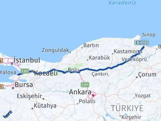 Yalova Dikmen Sinop Arası Kaç Km - Yol Haritası