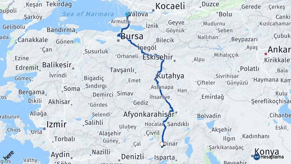 Yalova Dinar Afyonkarahisar Arası Kaç Km - Yol Haritası