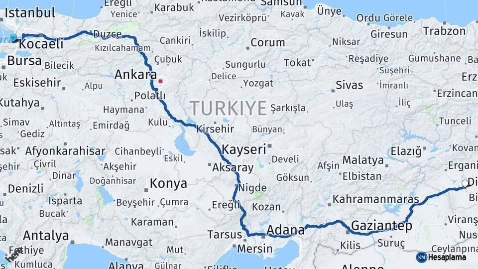 Yalova Diyarbakır Arası Kaç Km - Yol Haritası