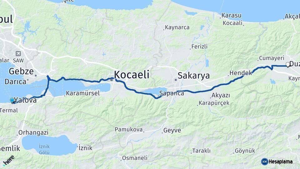 Yalova Düzce Arası Kaç Km - Yol Haritası