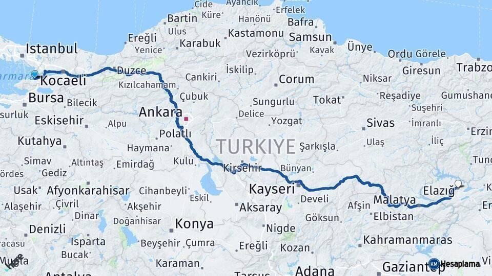 Yalova Elazığ Arası Kaç Km - Yol Haritası