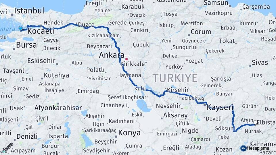 Yalova Elbistan Kahramanmaraş Arası Kaç Km - Yol Haritası