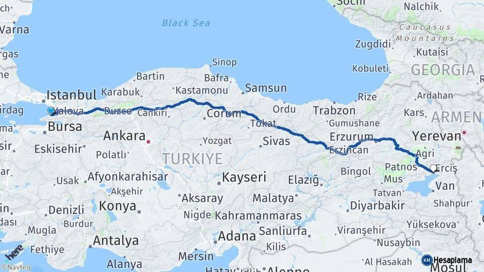 Yalova Erciş Van Arası Kaç Km - Yol Haritası