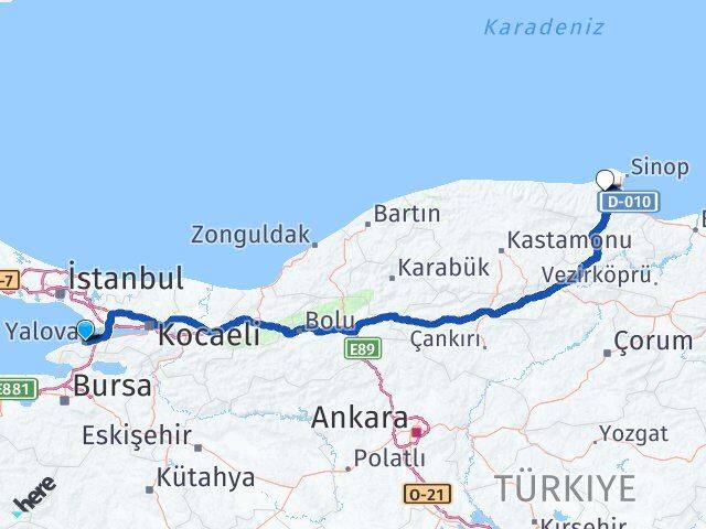 Yalova Erfelek Sinop Arası Kaç Km - Yol Haritası