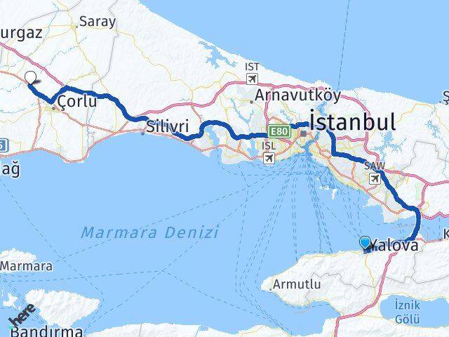 Yalova Ergene Tekirdağ Arası Kaç Km - Yol Haritası