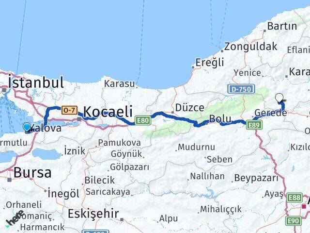 Yalova Eskipazar Karabük Arası Kaç Km - Yol Haritası