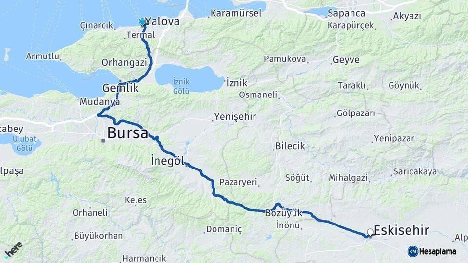 Yalova Eskişehir Arası Kaç Km - Yol Haritası
