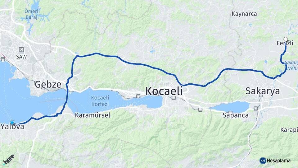 Yalova Ferizli Sakarya Arası Kaç Km - Yol Haritası