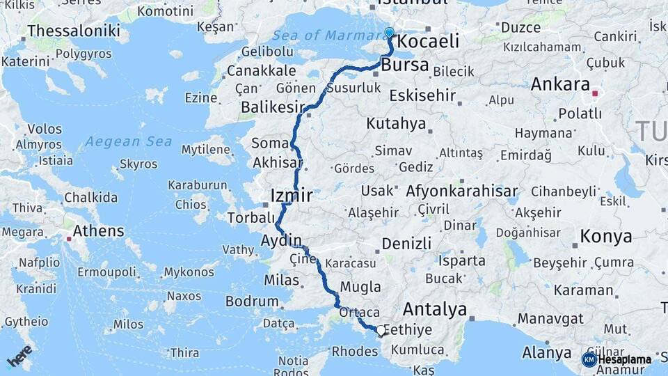 Yalova Fethiye Muğla Arası Kaç Km - Yol Haritası