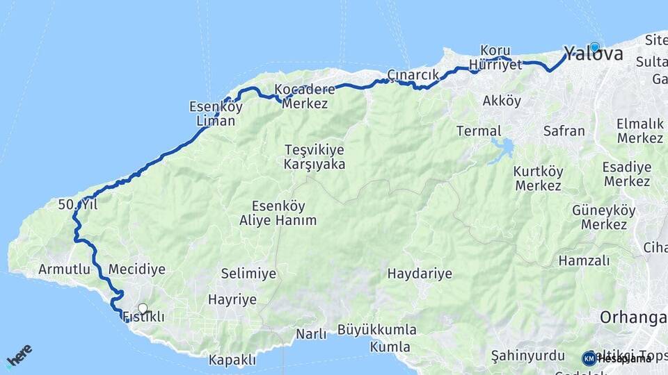 Yalova Fıstıklı Armutlu Arası Kaç Km - Yol Haritası