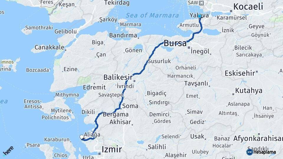 Yalova Foça İzmir Arası Kaç Km - Yol Haritası