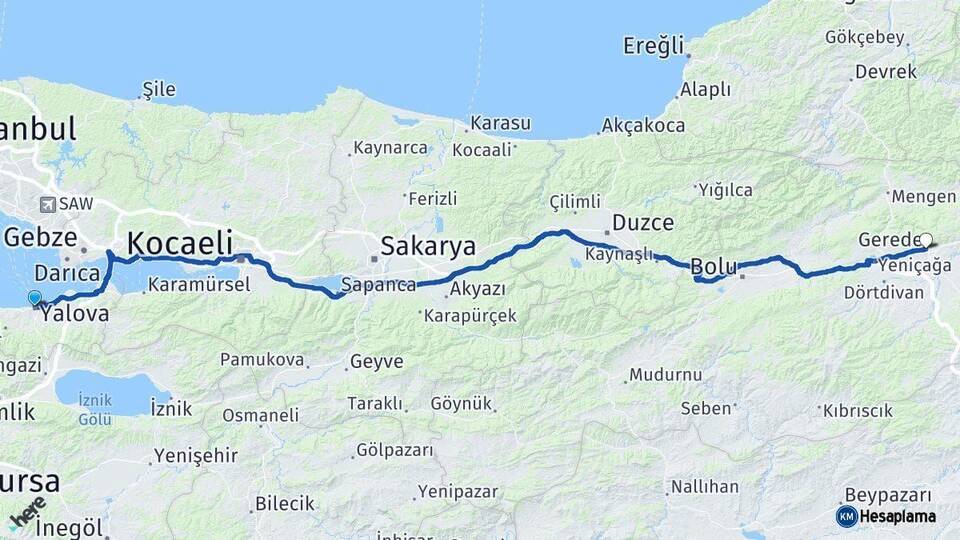 Yalova Gerede Bolu Arası Kaç Km - Yol Haritası
