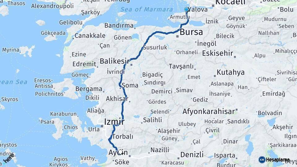 Yalova Germencik Aydın Arası Kaç Km - Yol Haritası