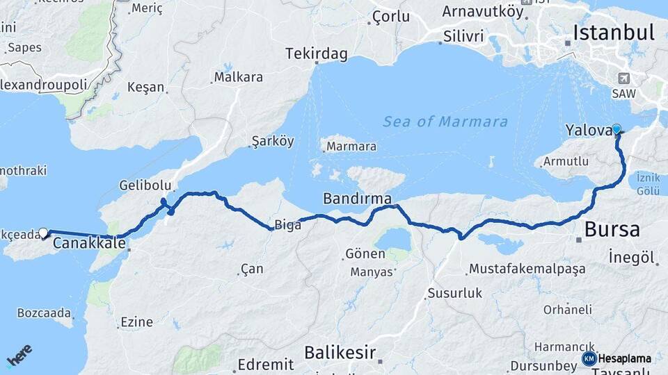 Yalova Gökçeada Çanakkale Arası Kaç Km - Yol Haritası