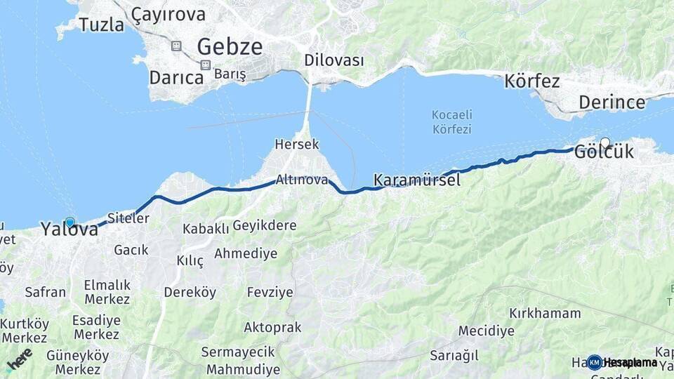 Yalova Gölcük Kocaeli Arası Kaç Km - Yol Haritası