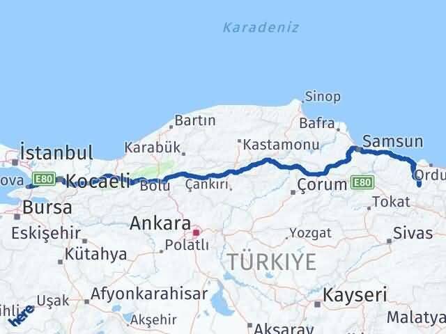 Yalova Gölköy Ordu Arası Kaç Km - Yol Haritası