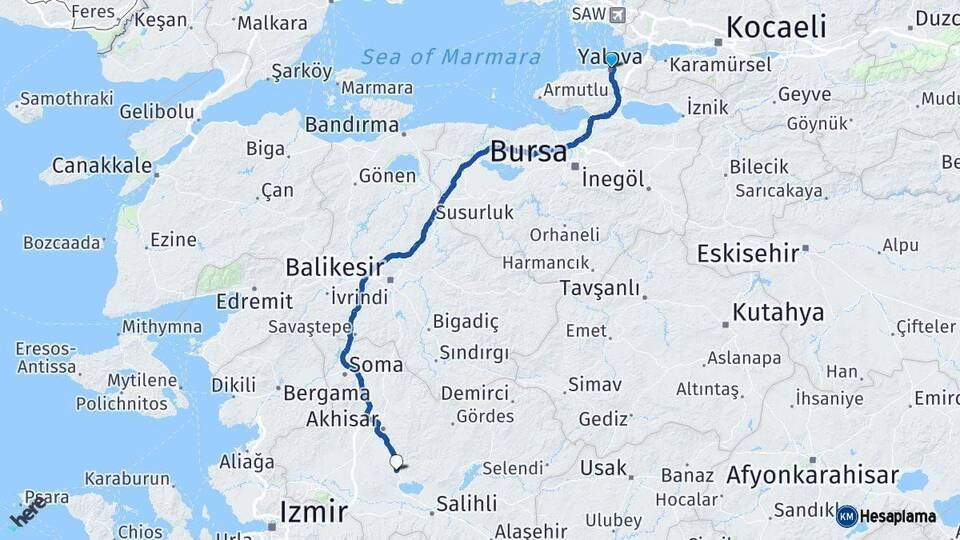Yalova Gölmarmara Manisa Arası Kaç Km - Yol Haritası