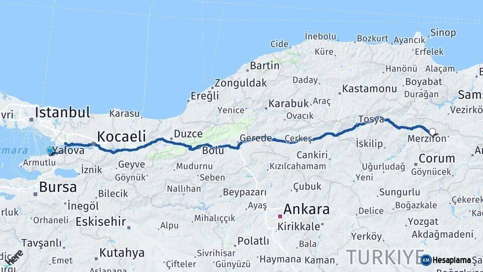 Yalova Gümüşhacıköy Amasya Arası Kaç Km - Yol Haritası