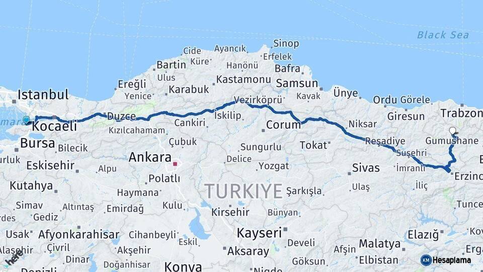 Yalova Gümüşhane Arası Kaç Km - Yol Haritası