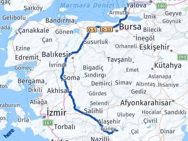 Yalova Güney Denizli Arası Kaç Km - Yol Haritası