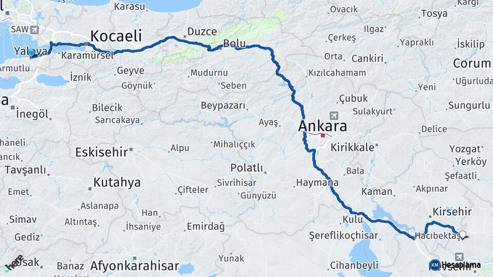 Yalova Hacıbektaş Nevşehir Arası Kaç Km - Yol Haritası