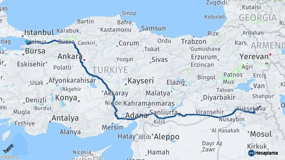 Yalova Hakkari Arası Kaç Km - Yol Haritası
